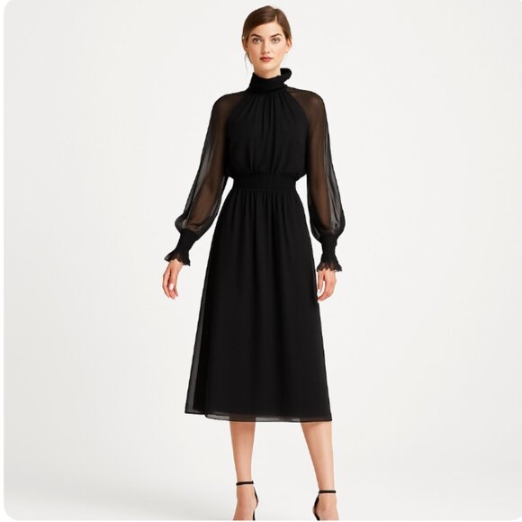 Tory Burch Colette Black Silk Chiffon Sheer Long Sleeve Midi Dress size 6 - Picture 1 of 16